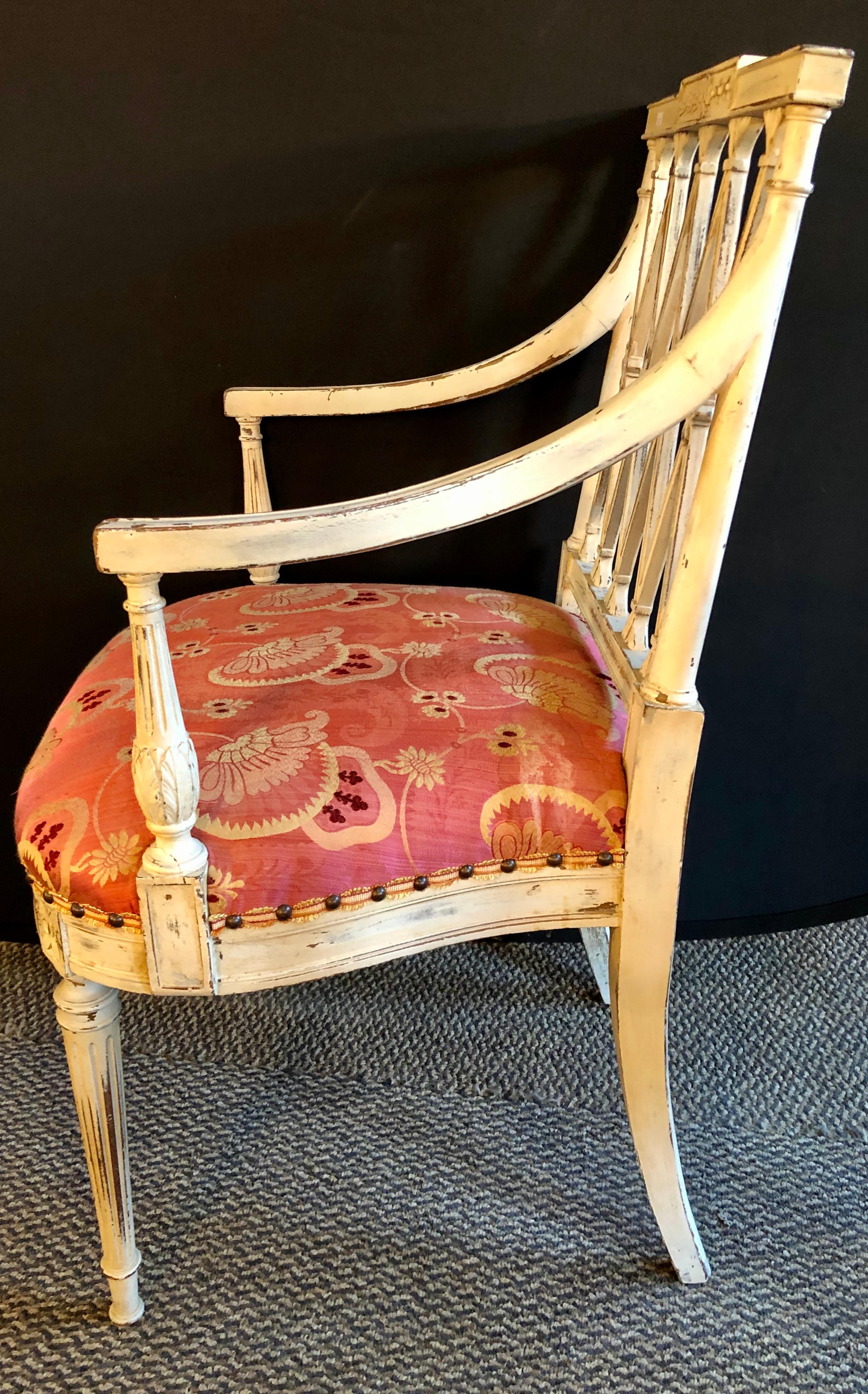 Louis XVI, Gustavian, Armchairs, White Painted Wood, Scalamandre Fabric, 1890s In Good Condition For Sale In Stamford, CT