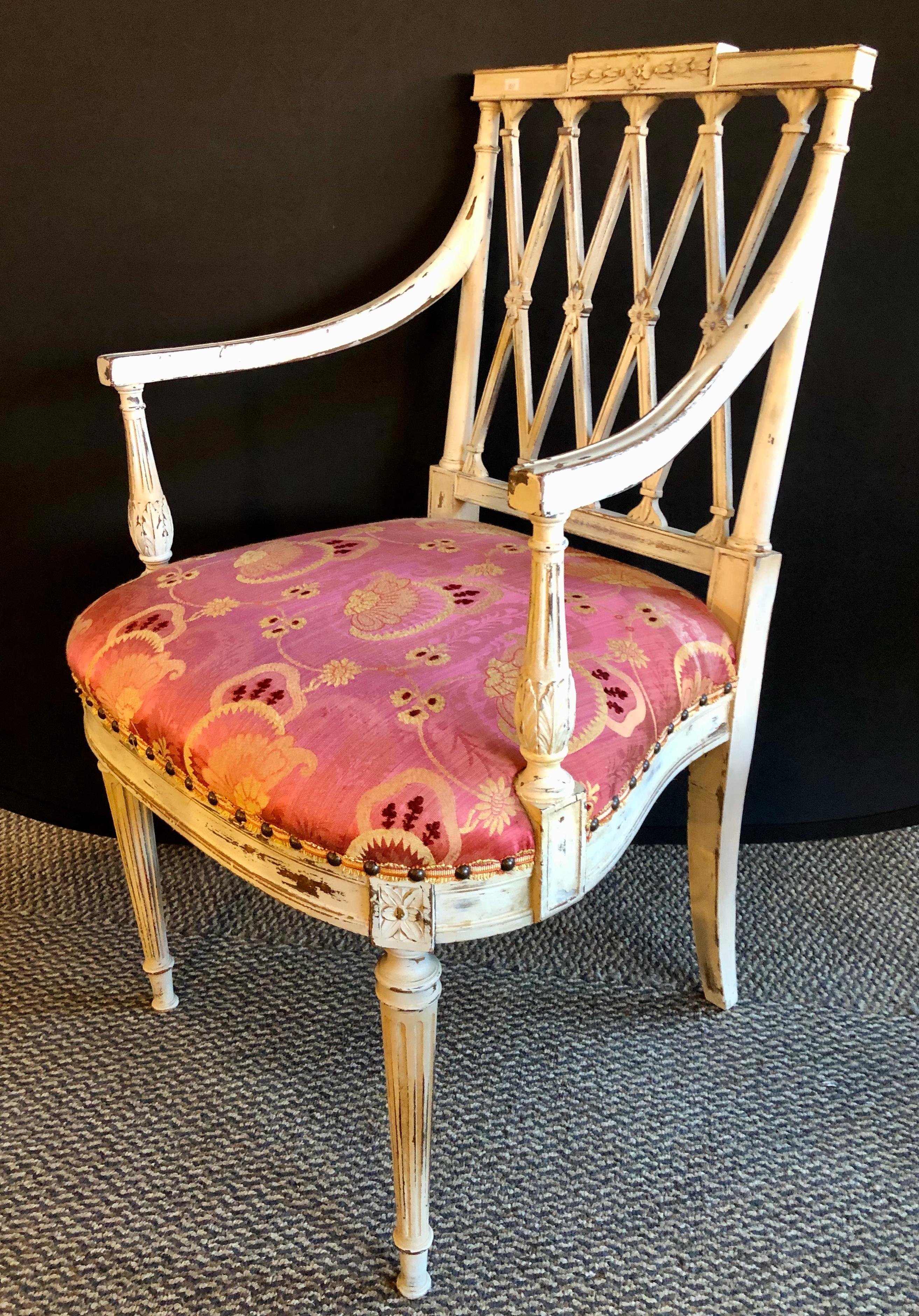 Early 20th Century Louis XVI, Gustavian, Armchairs, White Painted Wood, Scalamandre Fabric, 1890s For Sale