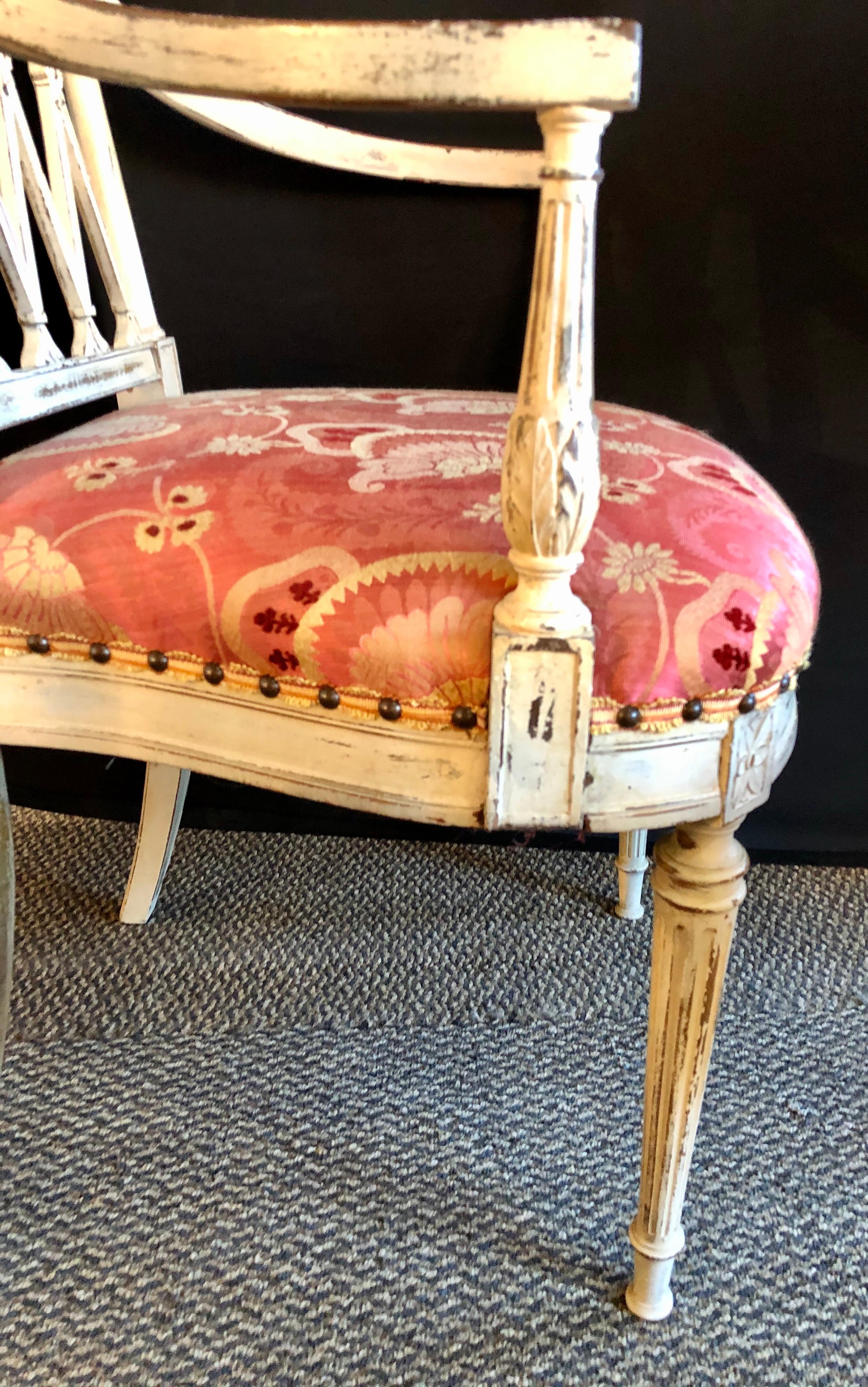 Louis XVI, Gustavian, Armchairs, White Painted Wood, Scalamandre Fabric, 1890s For Sale 3