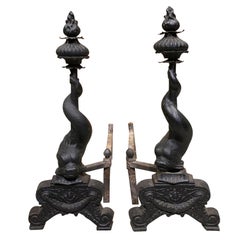 Pair of 19th-20th Century Black Iron Dolphin Andirons with Flame Finial