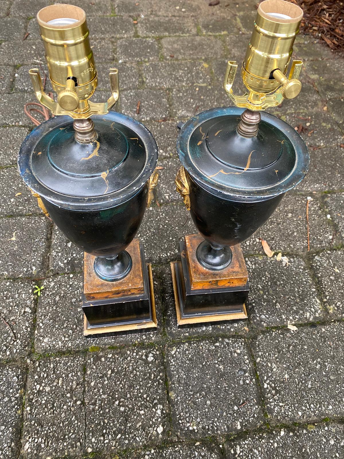 Pair of 19th-20th Century Black Tole Lamps with Neoclassical Mask 9