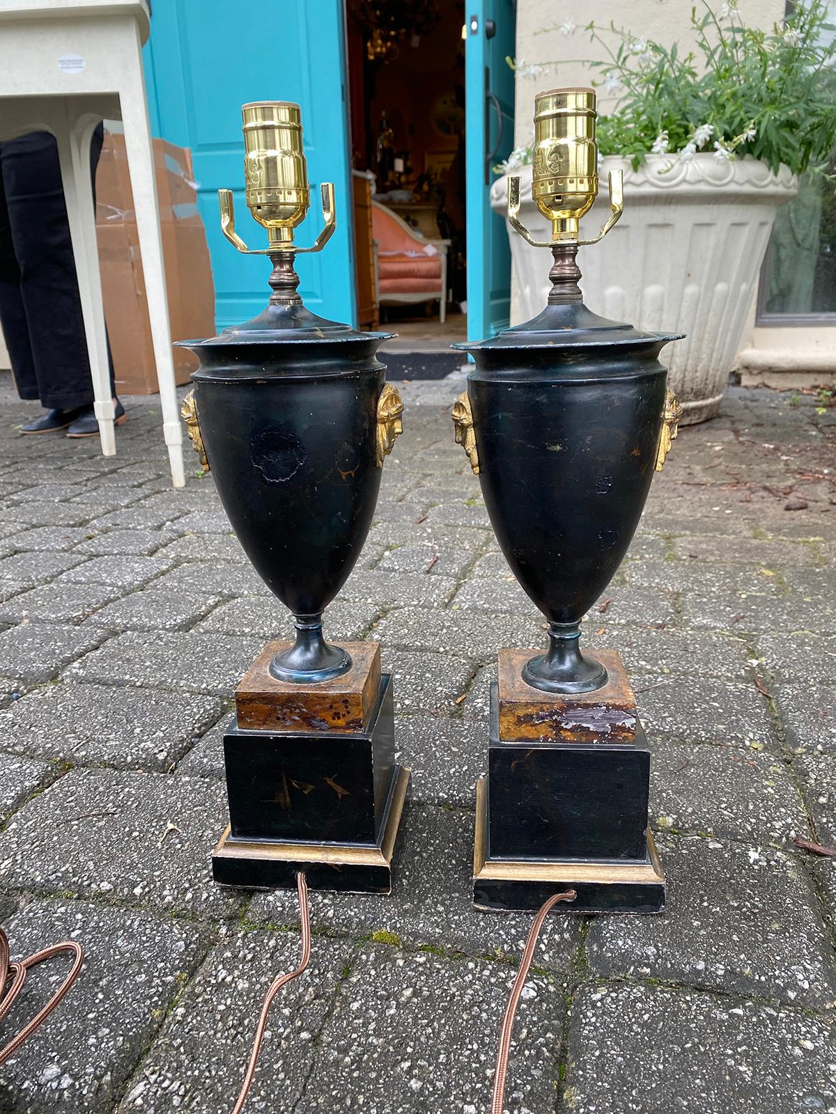 19th Century Pair of 19th-20th Century Black Tole Lamps with Neoclassical Mask