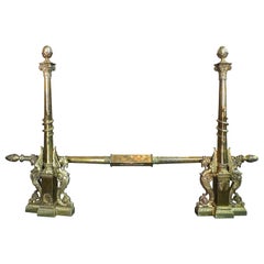 Pair of 19th-20th Century Brass Andirons with Birds and Roll Bar