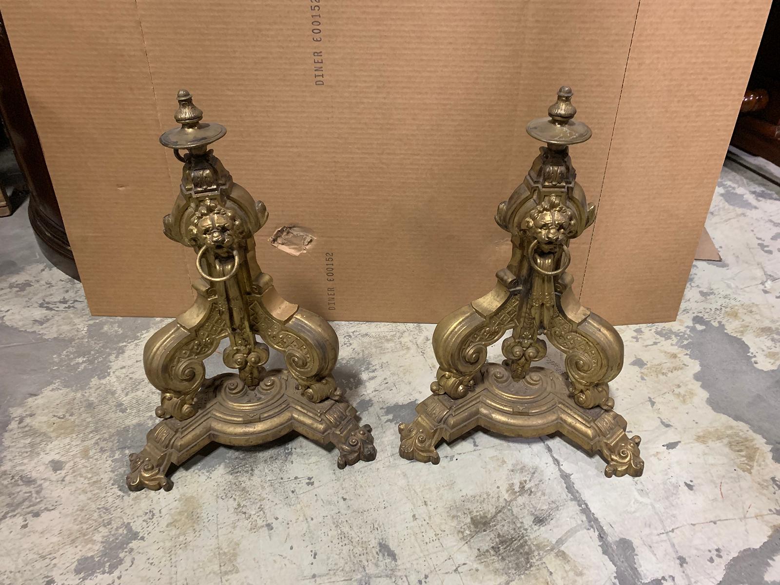 Pair of 19th-20th Century Brass Lion Fireplace Chenets with Rings 13