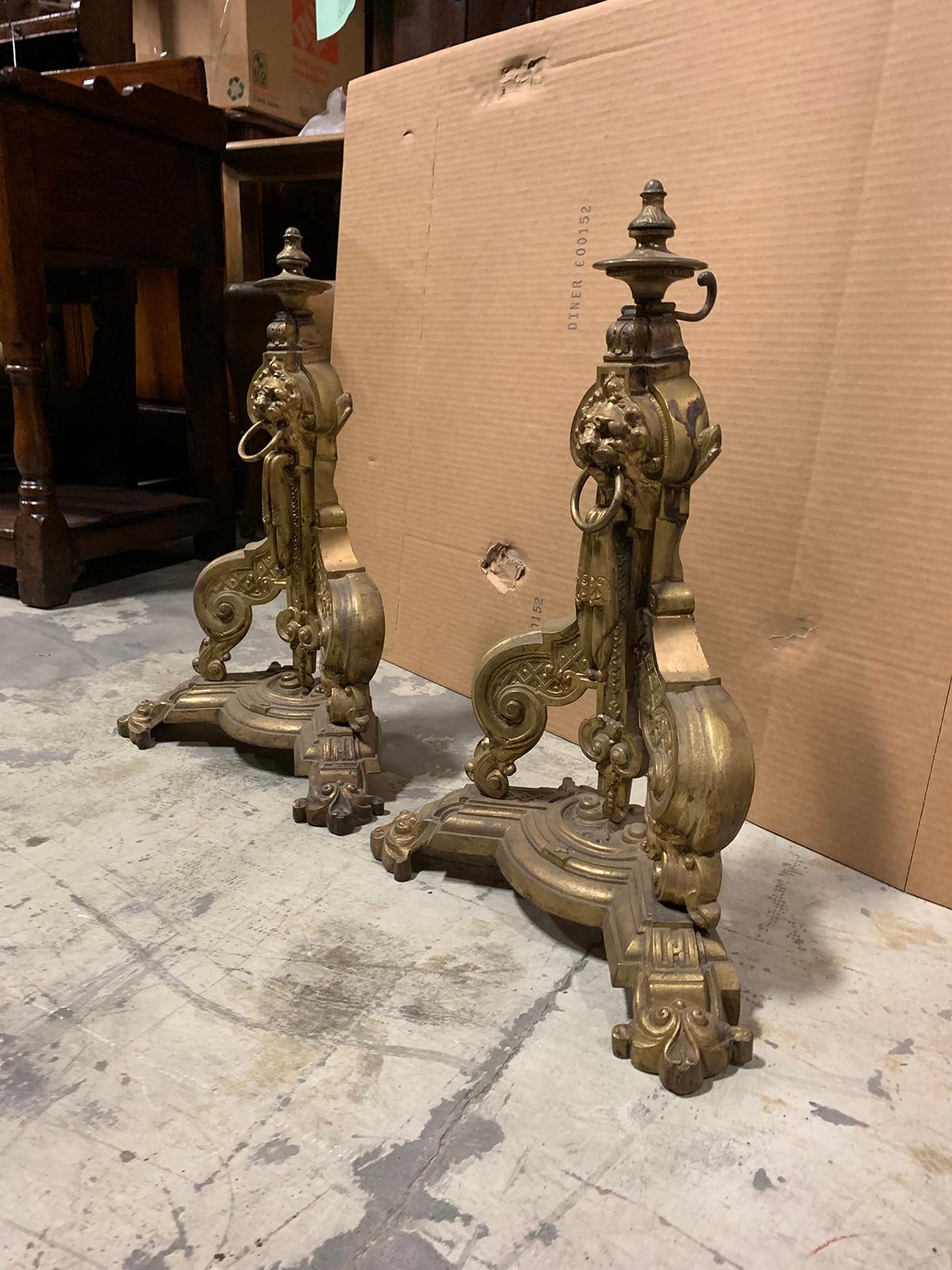 Pair of 19th-20th Century Brass Lion Fireplace Chenets with Rings In Good Condition In Atlanta, GA