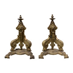 Pair of 19th-20th Century Brass Lion Fireplace Chenets with Rings
