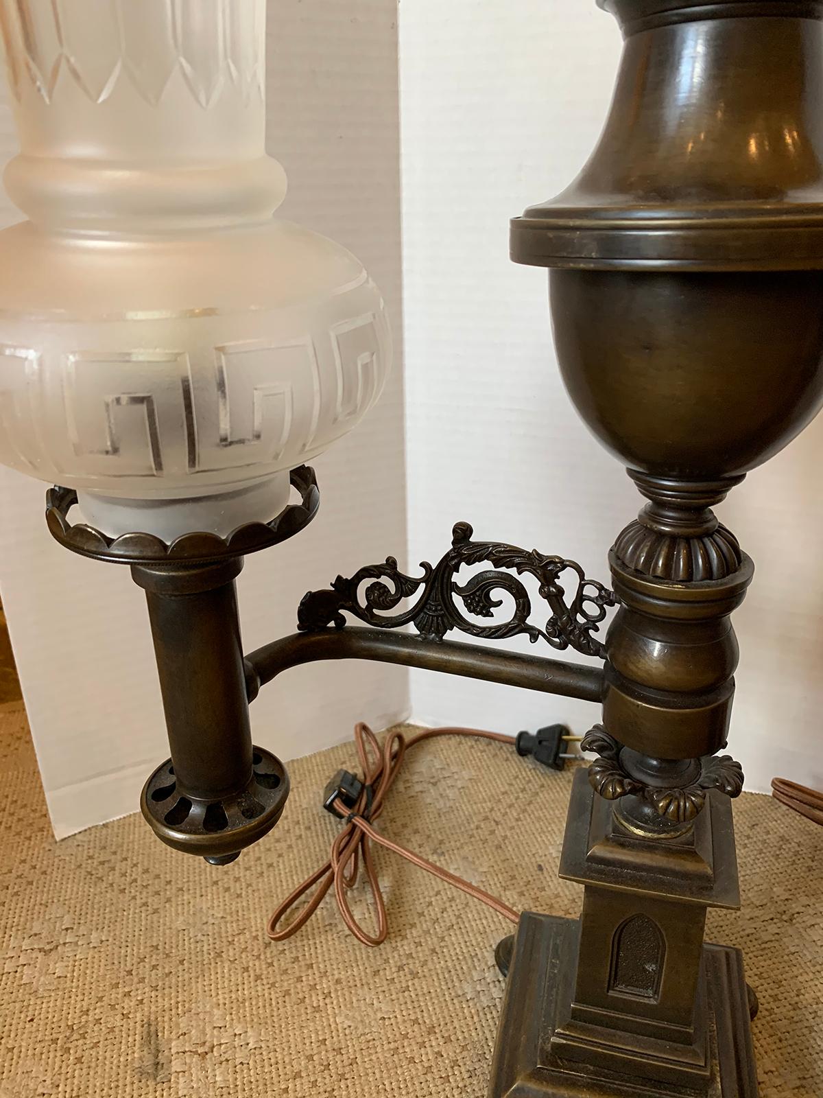 Pair of 19th-20th Century Bronze Argand Lamps with Frosted Globes, Acorn Finials 6