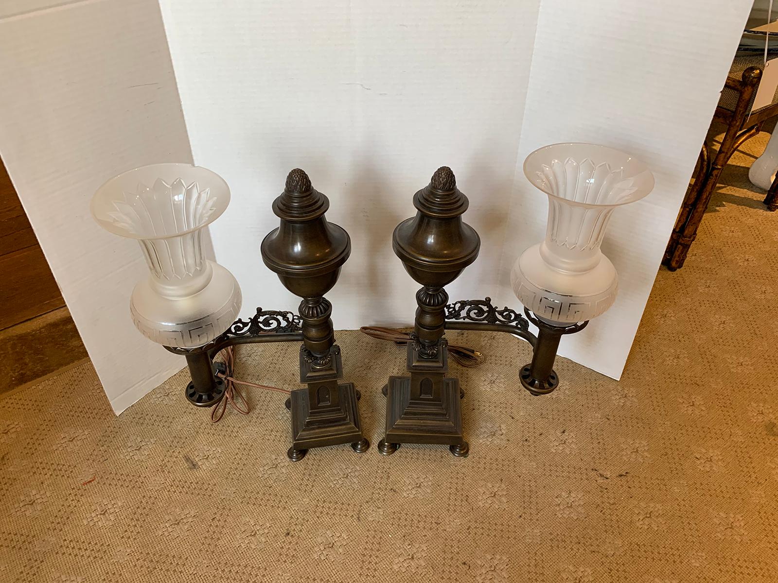 Pair of 19th-20th Century Bronze Argand Lamps with Frosted Globes, Acorn Finials 10