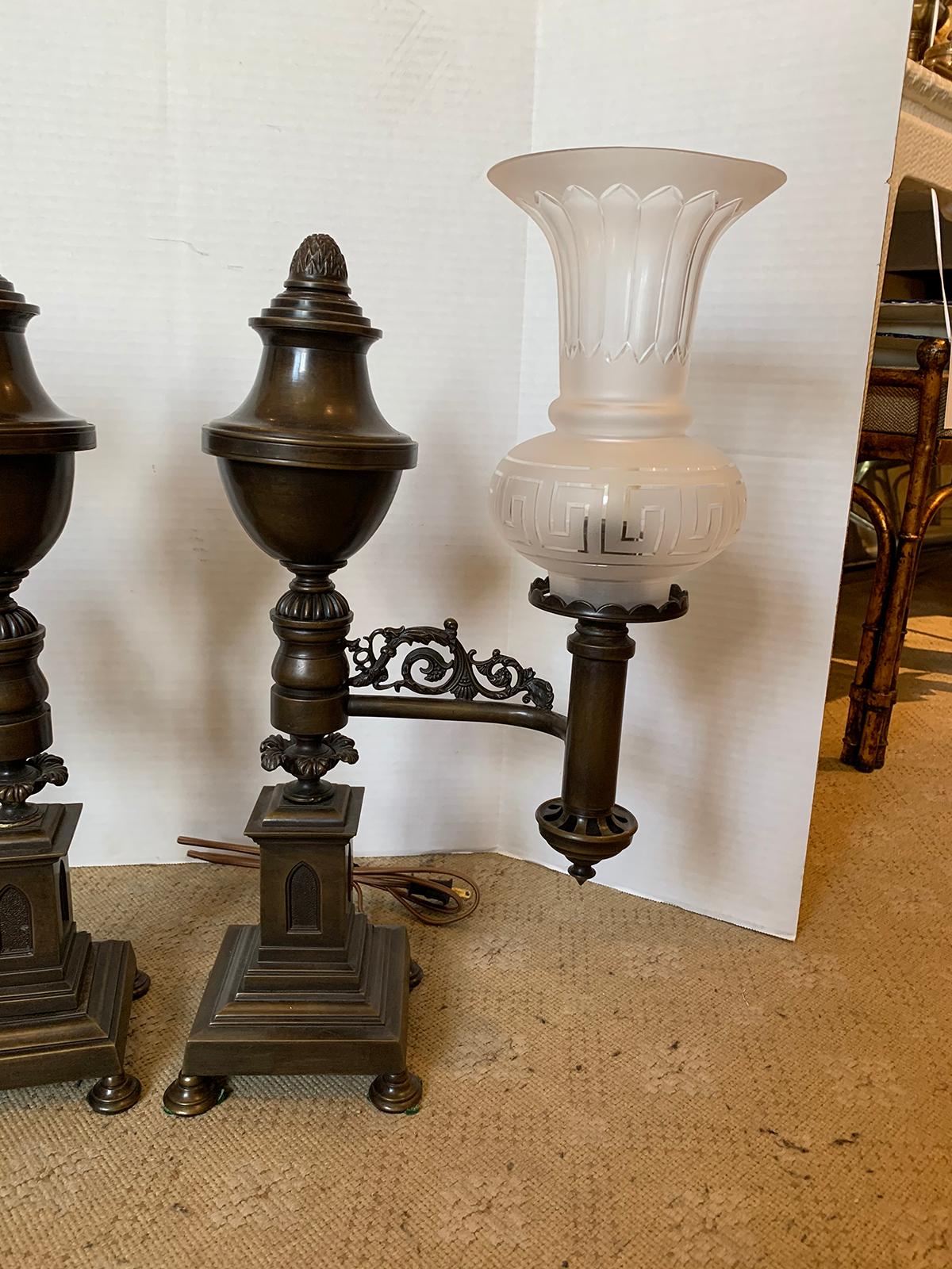 Pair of 19th-20th Century Bronze Argand Lamps with Frosted Globes, Acorn Finials 1
