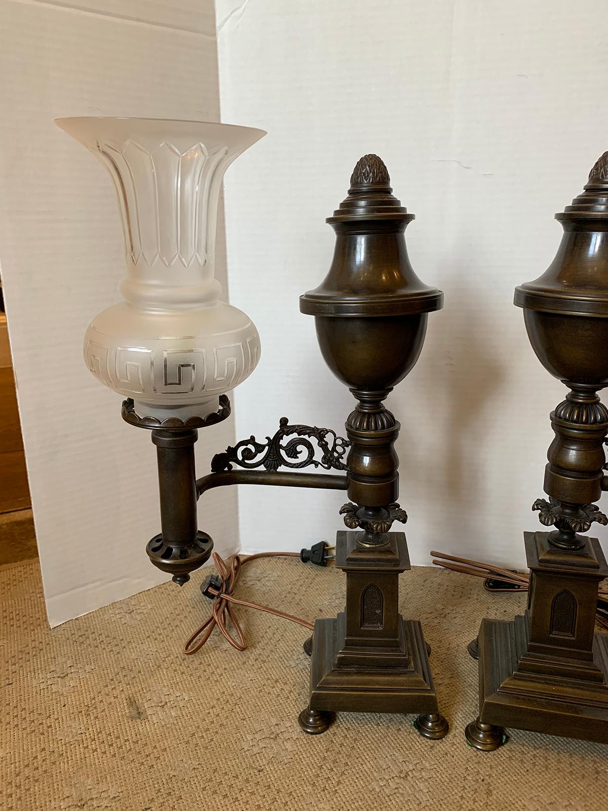 Pair of 19th-20th Century Bronze Argand Lamps with Frosted Globes, Acorn Finials 2