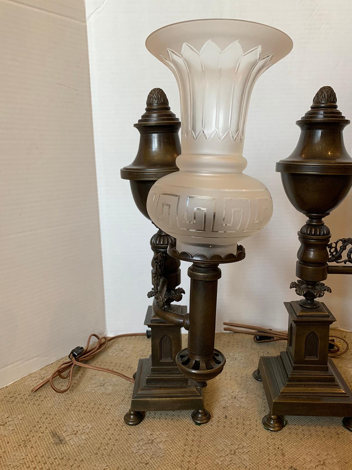 Pair of 19th-20th Century Bronze Argand Lamps with Frosted Globes, Acorn Finials 3
