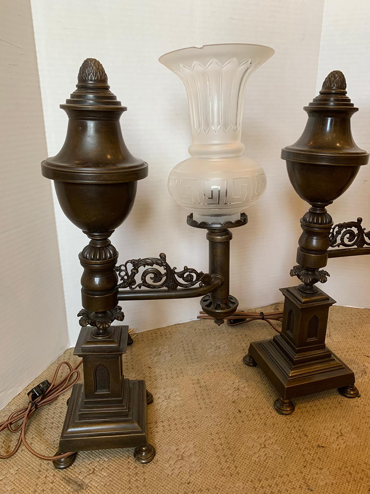 Pair of 19th-20th Century Bronze Argand Lamps with Frosted Globes, Acorn Finials 4