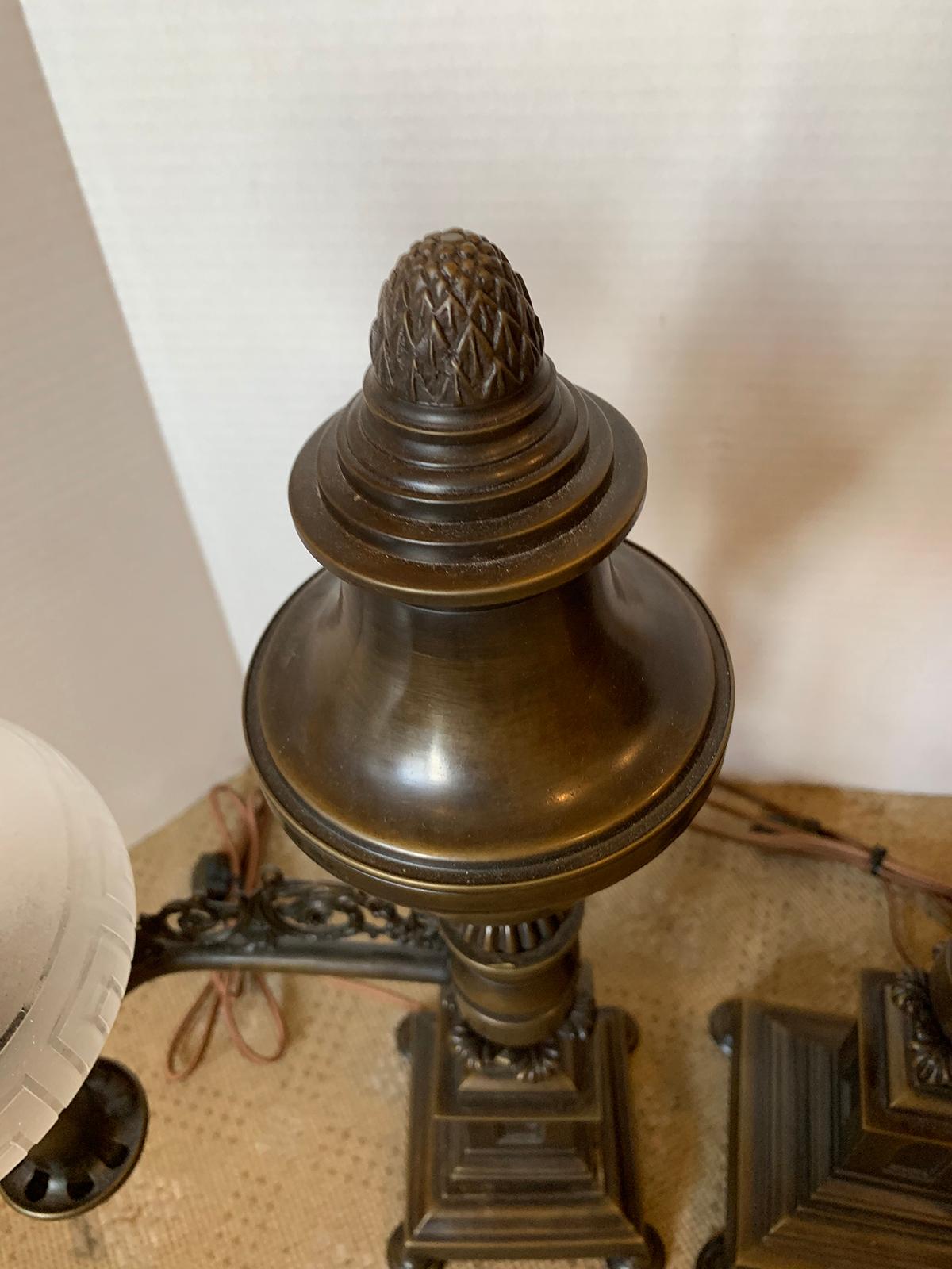 Pair of 19th-20th Century Bronze Argand Lamps with Frosted Globes, Acorn Finials 5