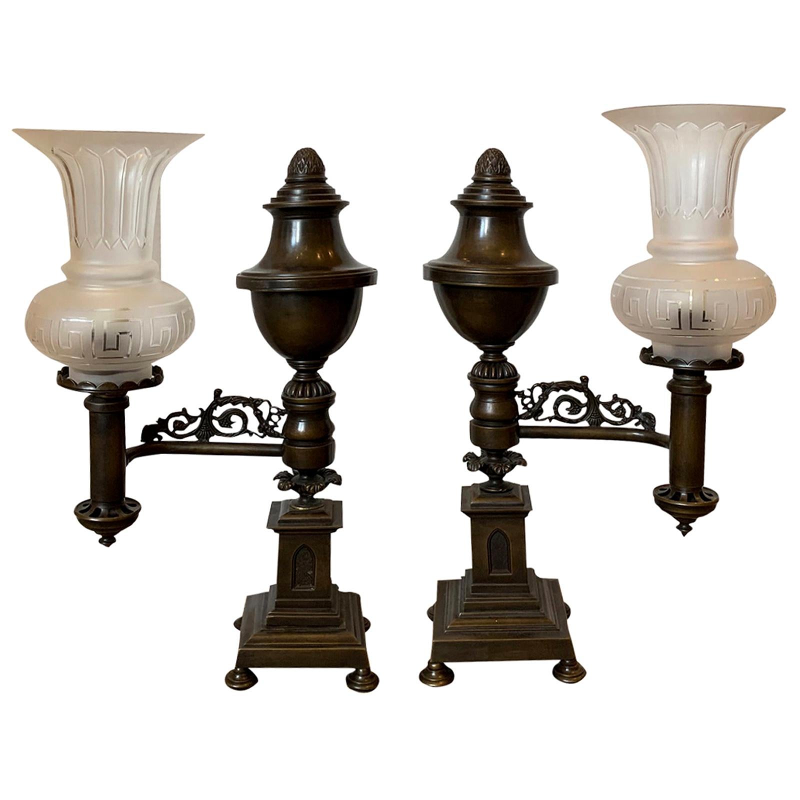 Pair of 19th-20th Century Bronze Argand Lamps with Frosted Globes, Acorn Finials