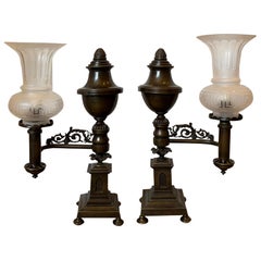 Antique Pair of 19th-20th Century Bronze Argand Lamps with Frosted Globes, Acorn Finials