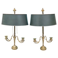 Pair of 19th-20th Century Bronze Bouillotte Lamps, Custom Painted Tole Shades