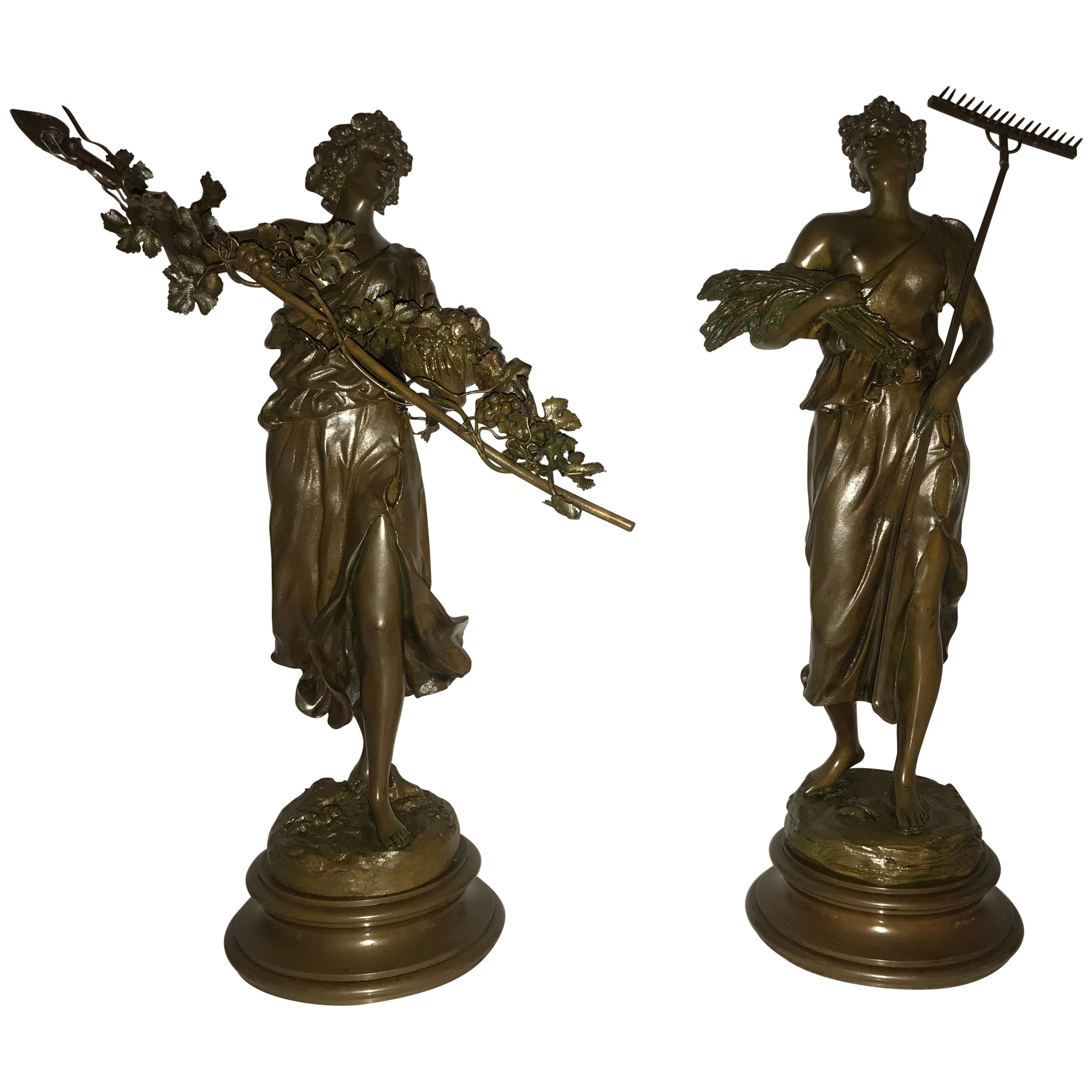 Pair of 19th/20th Century Bronze Figures Bare Breasted Female Gardeners