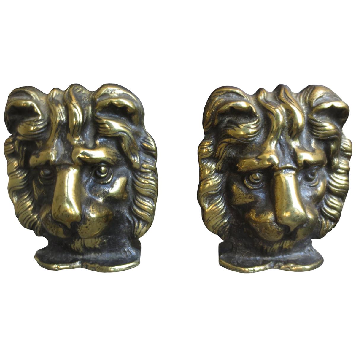 Pair of 19th-20th Century Bronze Lion Head Bookends