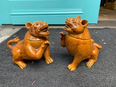 Pair of 19th-20th Century Chinese Amber Glazed Terracotta Foo Dogs with Lids