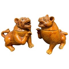 Pair of 19th-20th Century Chinese Amber Glazed Terracotta Foo Dogs with Lids