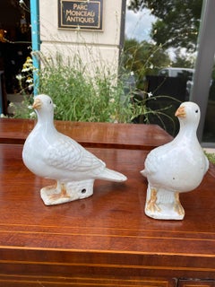 Pair of 19th-20th Century Chinese Glazed Ceramic White Doves
