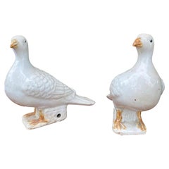 Pair of 19th-20th Century Chinese Glazed Ceramic White Doves