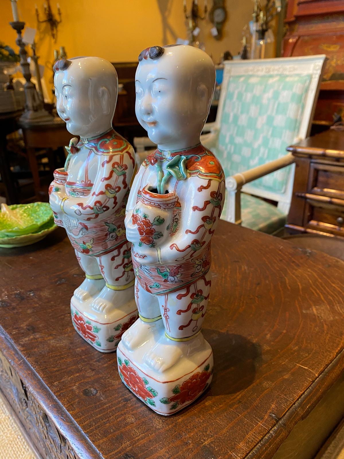 Pair of 19th-20th Century Chinese Porcelain Hoho Boys, Unmarked For Sale 7