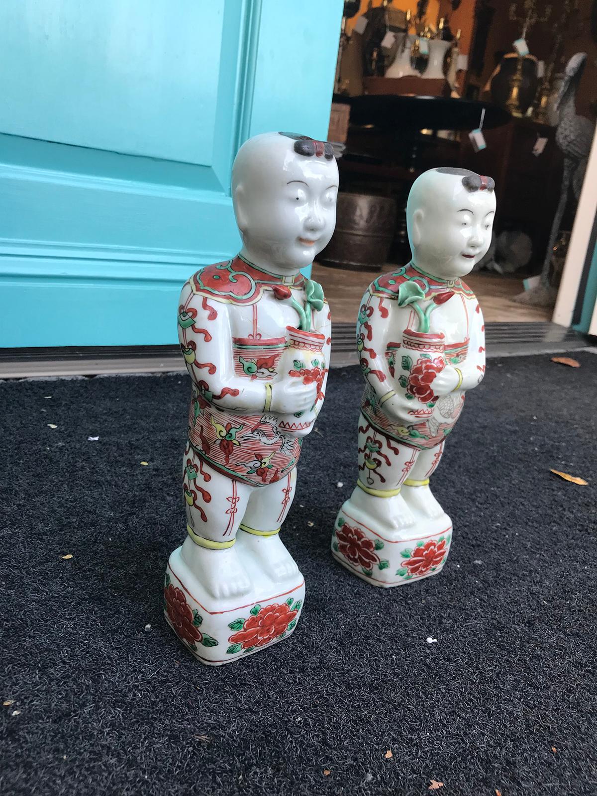 Glazed Pair of 19th-20th Century Chinese Porcelain Hoho Boys, Unmarked For Sale