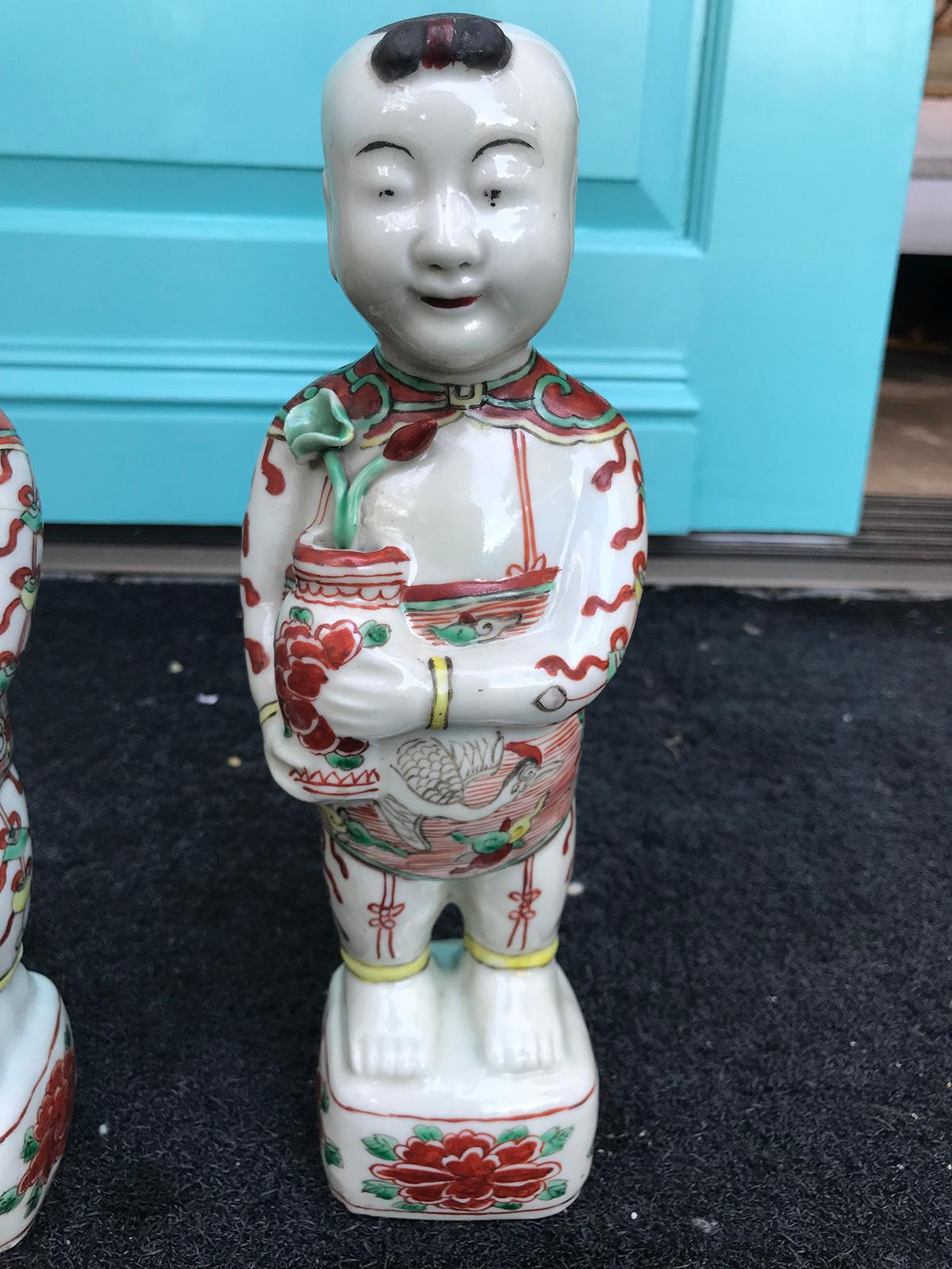 19th Century Pair of 19th-20th Century Chinese Porcelain Hoho Boys, Unmarked For Sale