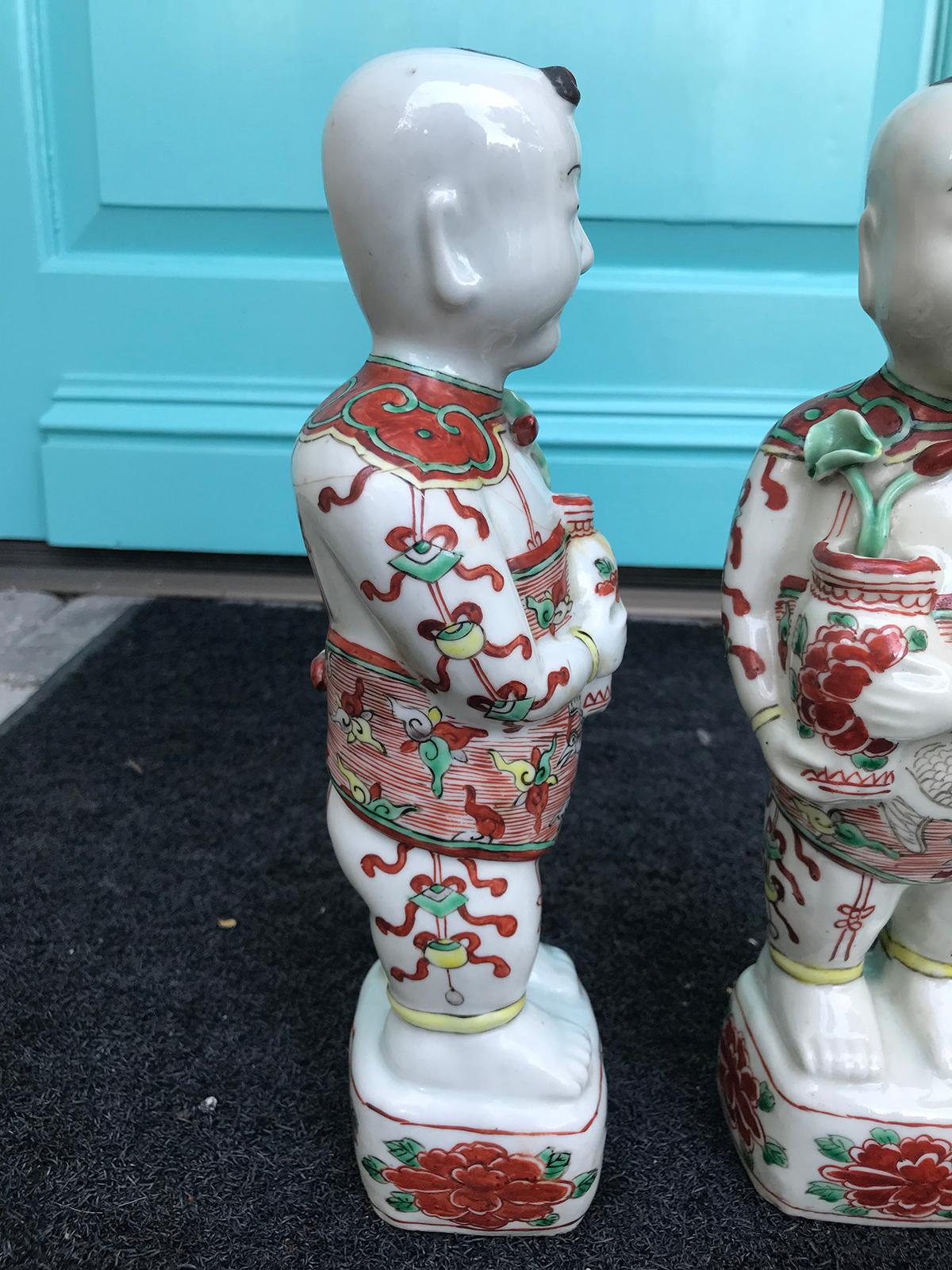 Ceramic Pair of 19th-20th Century Chinese Porcelain Hoho Boys, Unmarked For Sale