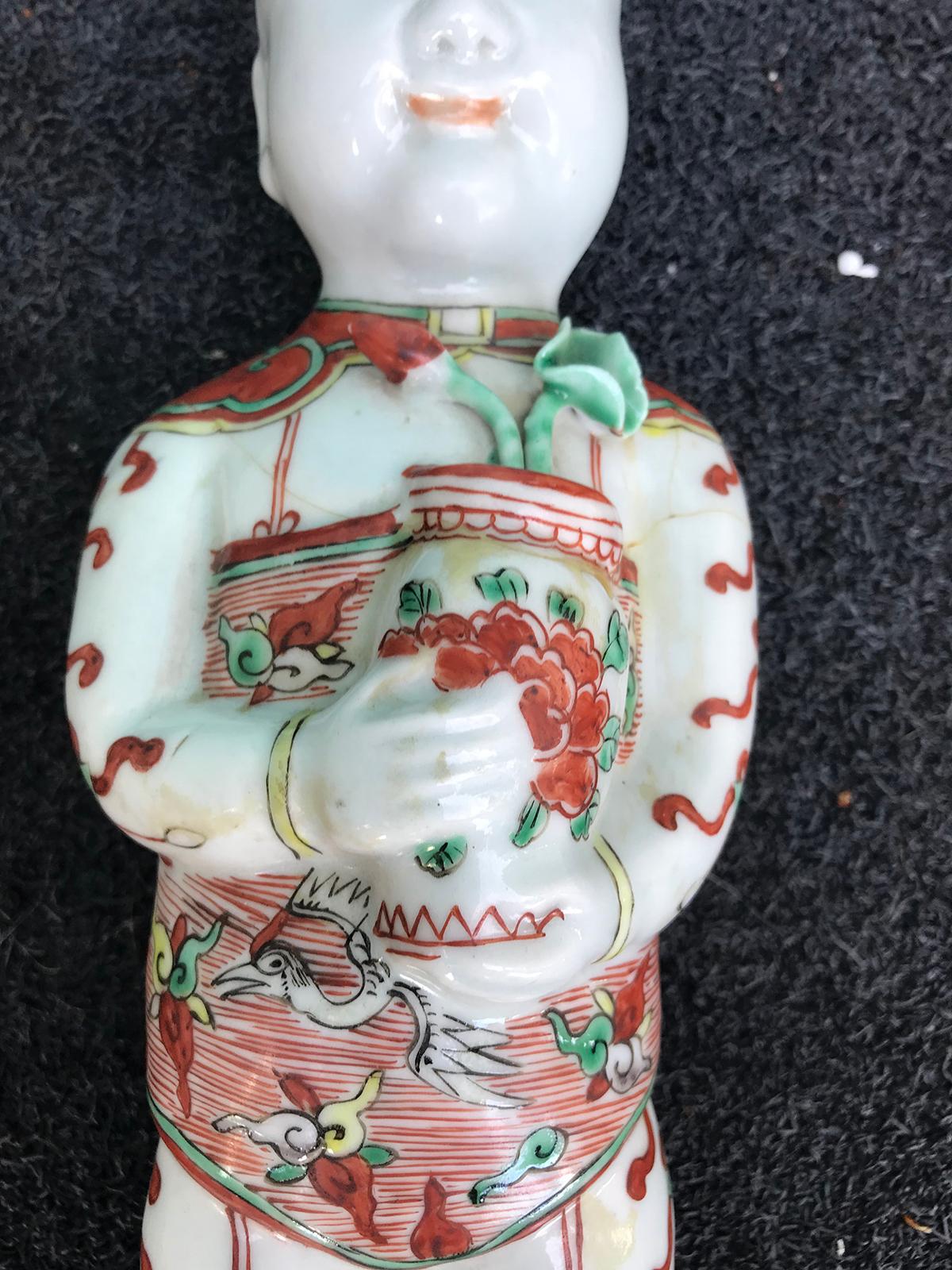 Pair of 19th-20th Century Chinese Porcelain Hoho Boys, Unmarked For Sale 2