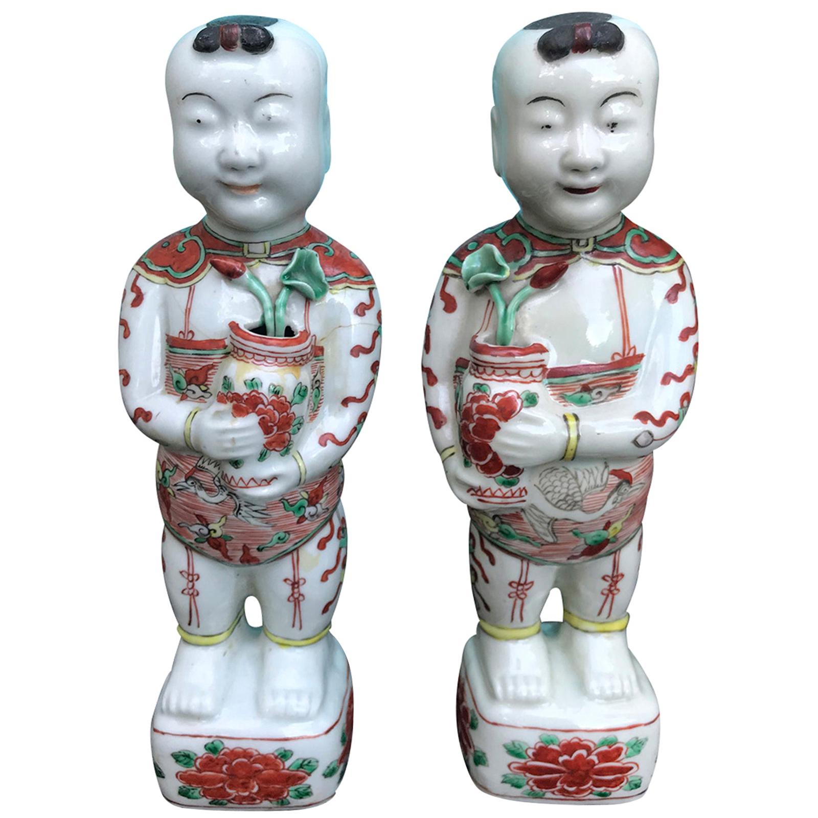 Pair of 19th-20th Century Chinese Porcelain Hoho Boys, Unmarked For Sale