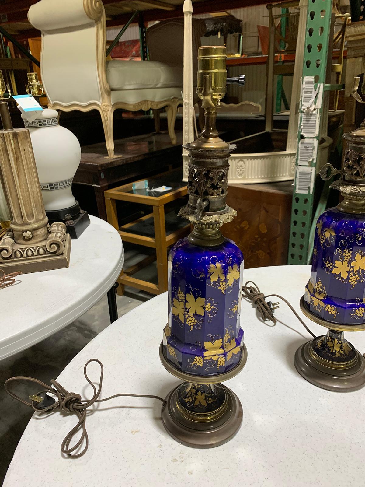 Pair of 19th-20th Century Cobalt Blue and Gilt Glass Oil Lamps with Grape Leaf For Sale 4