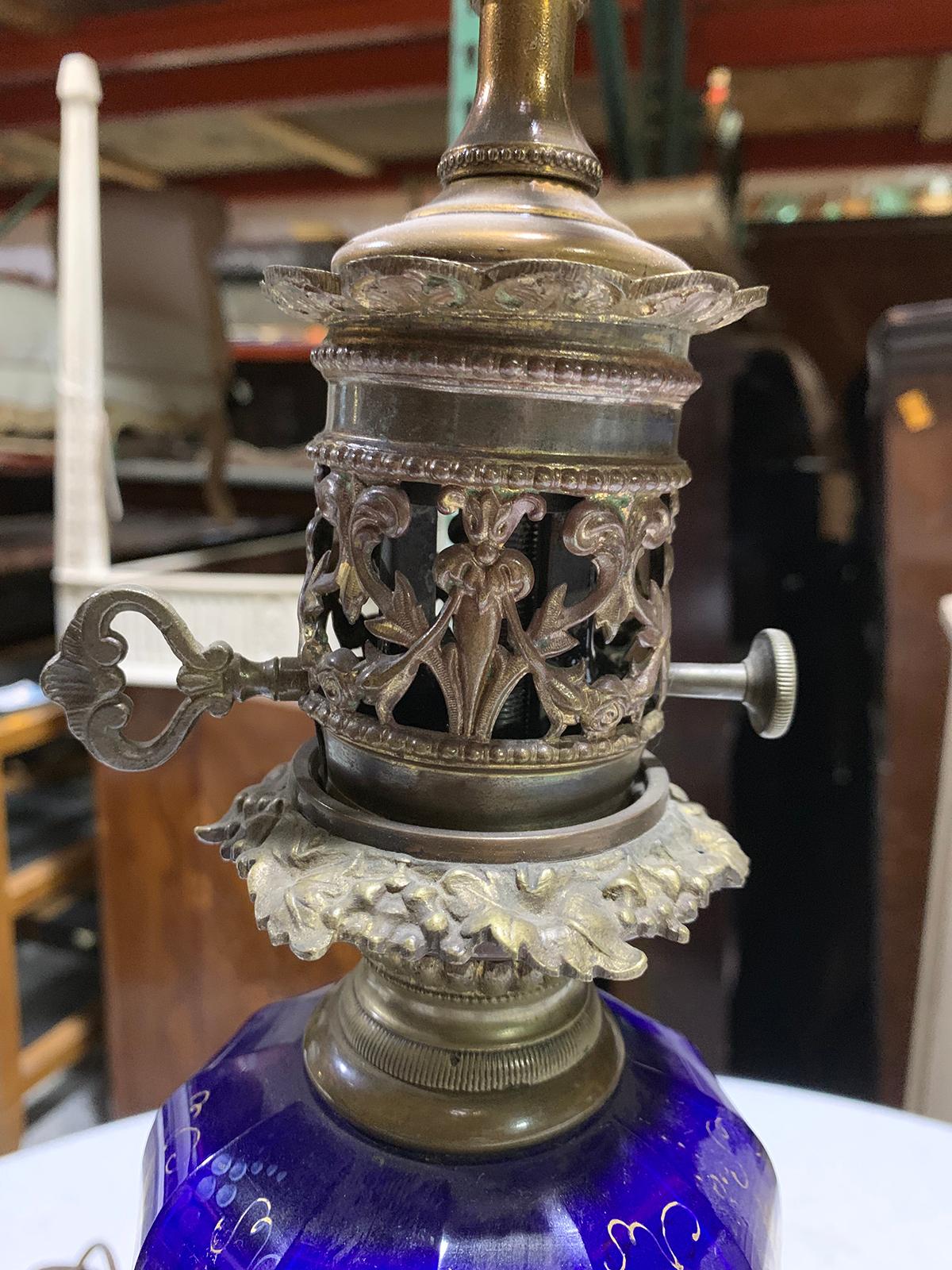 Pair of 19th-20th Century Cobalt Blue and Gilt Glass Oil Lamps with Grape Leaf For Sale 6