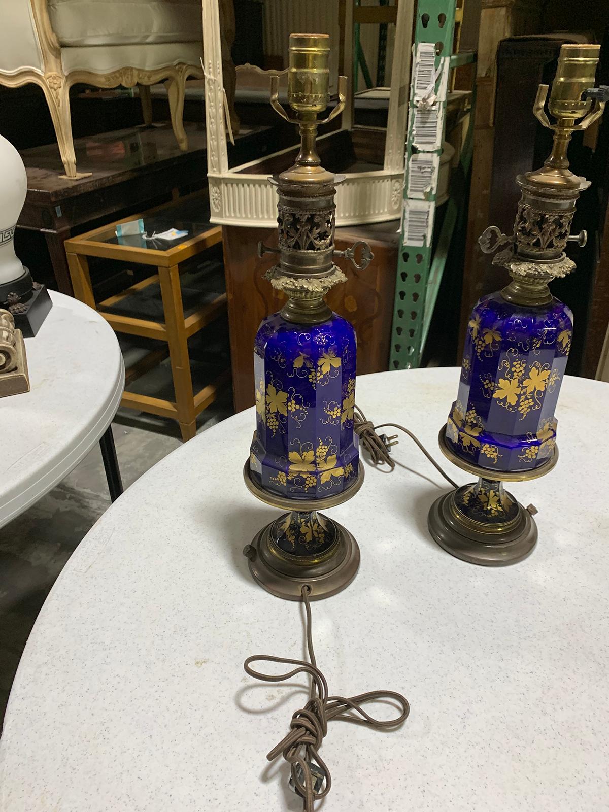 Pair of 19th-20th Century Cobalt Blue and Gilt Glass Oil Lamps with Grape Leaf For Sale 7
