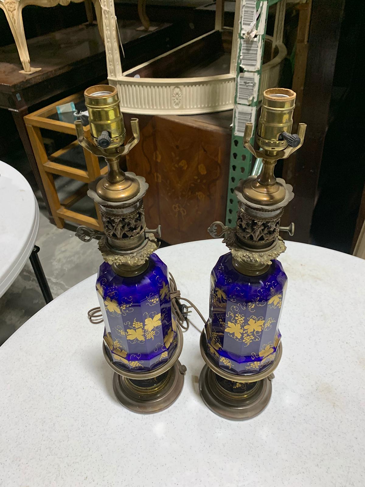 Pair of 19th-20th Century Cobalt Blue and Gilt Glass Oil Lamps with Grape Leaf For Sale 8