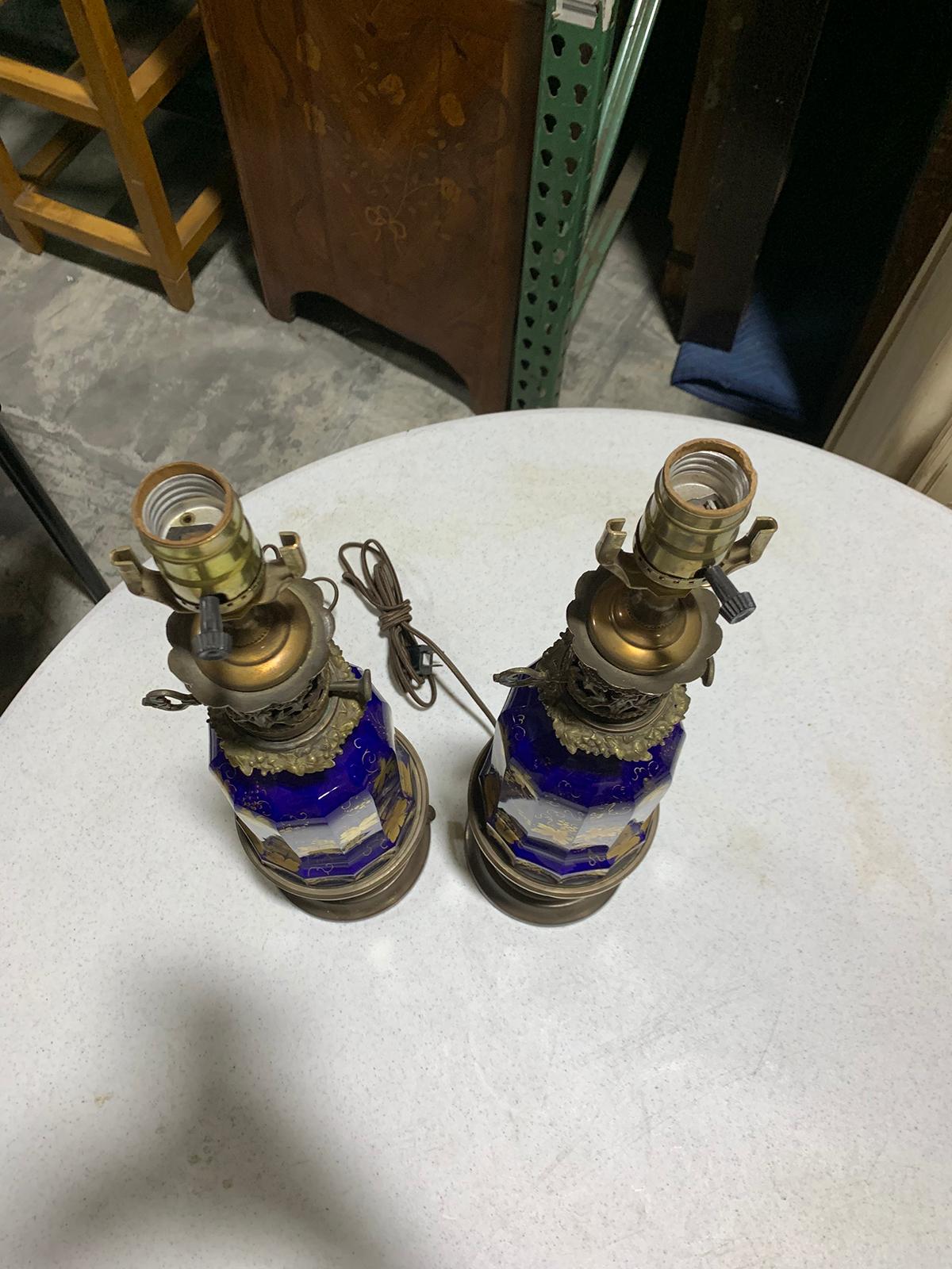 Pair of 19th-20th Century Cobalt Blue and Gilt Glass Oil Lamps with Grape Leaf For Sale 9
