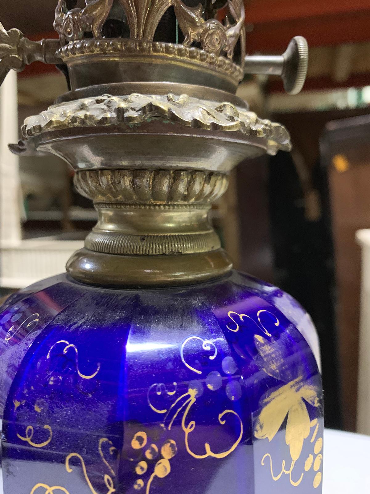 antique cobalt blue oil lamp