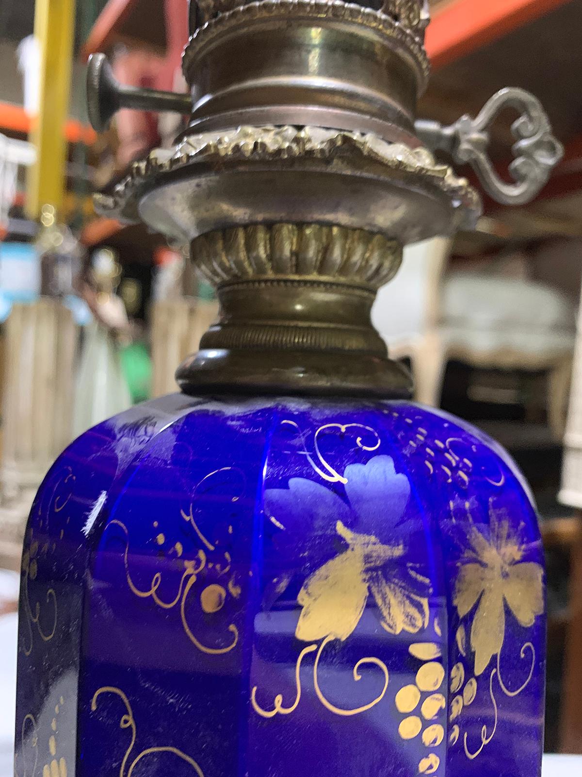 Pair of 19th-20th Century Cobalt Blue and Gilt Glass Oil Lamps with Grape Leaf For Sale 1