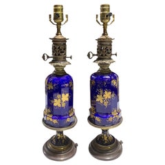 Antique Pair of 19th-20th Century Cobalt Blue and Gilt Glass Oil Lamps with Grape Leaf