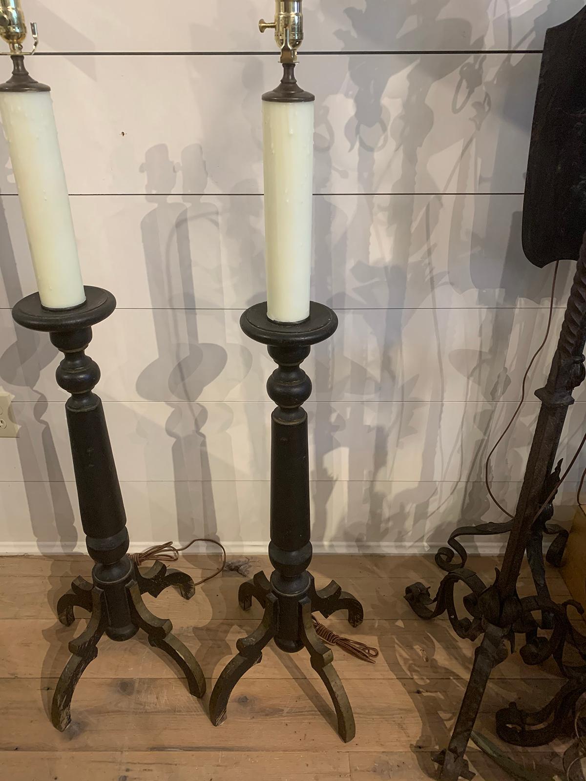 Pair of 19th-20th Century Continental Black Painted Wood Prickets as Floor Lamps 8