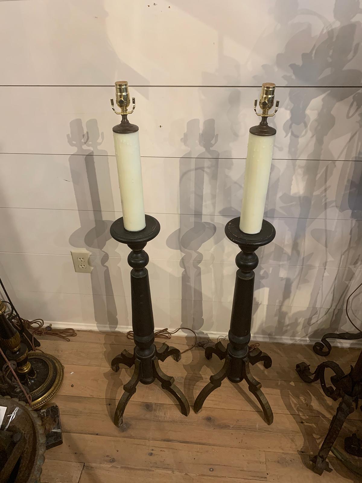 Pair of 19th-20th Century Continental Black Painted Wood Prickets as Floor Lamps 9