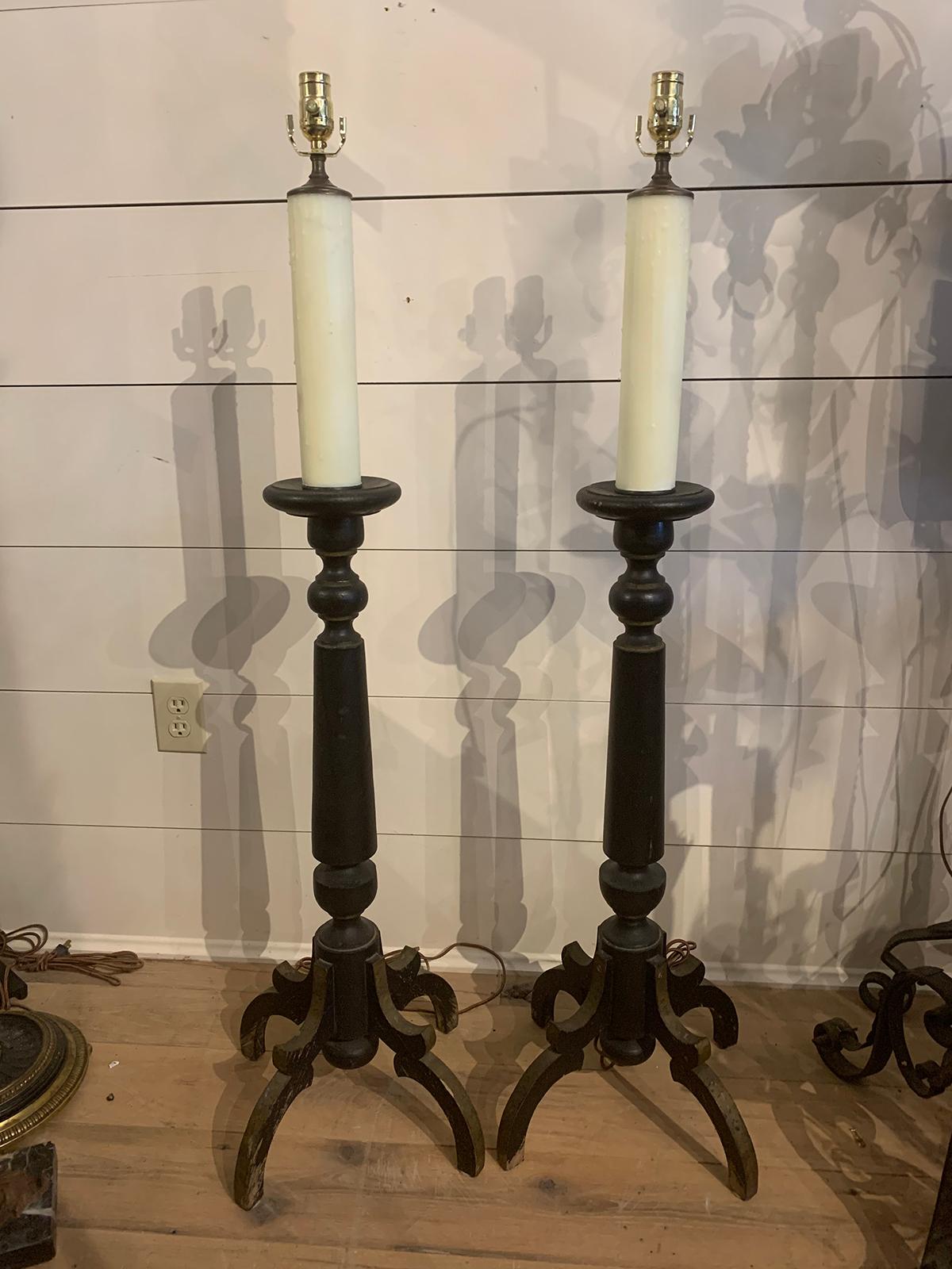 Pair of 19th-20th century continental black painted wood prickets as floor lamps
new wiring.