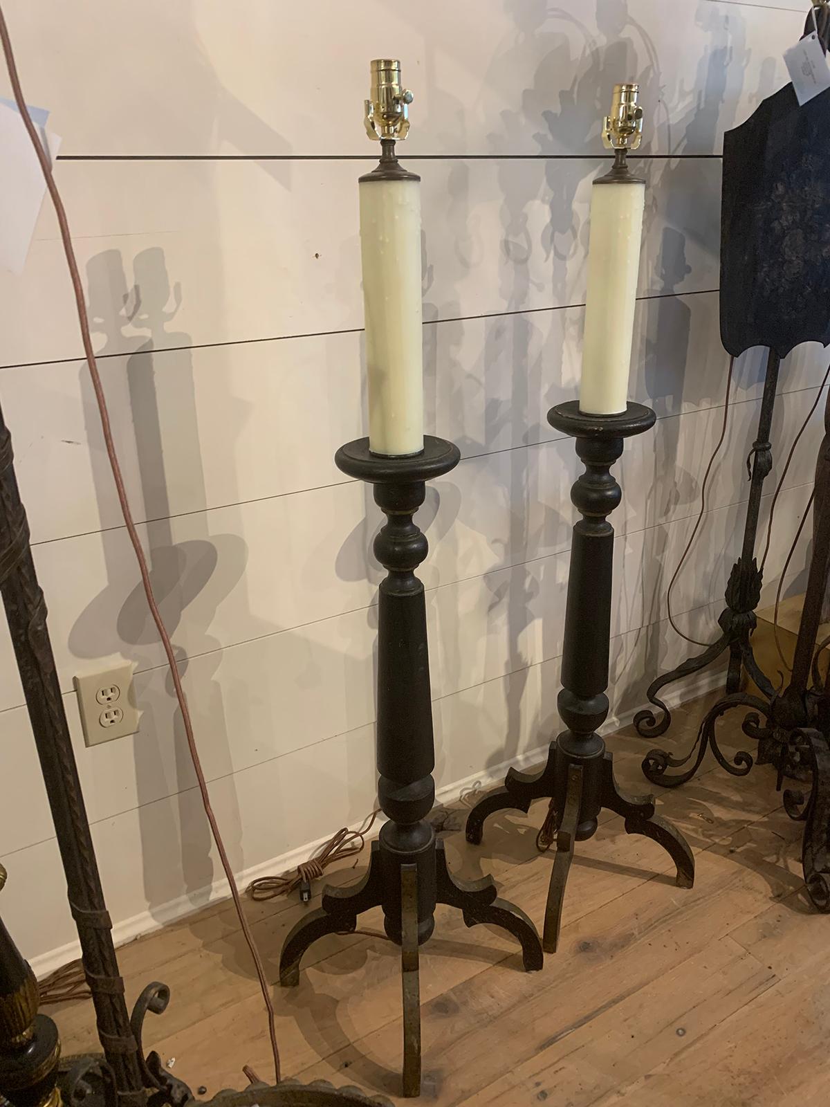 European Pair of 19th-20th Century Continental Black Painted Wood Prickets as Floor Lamps