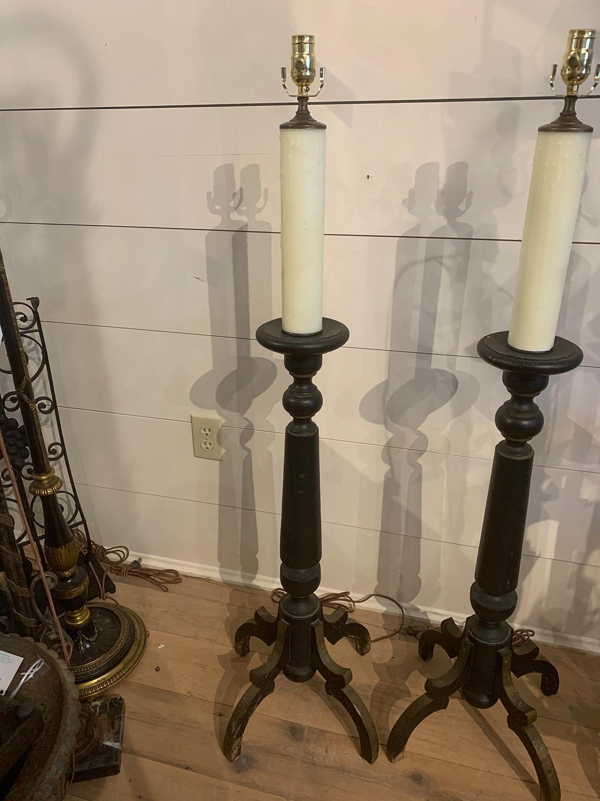 Pair of 19th-20th Century Continental Black Painted Wood Prickets as Floor Lamps In Good Condition In Atlanta, GA