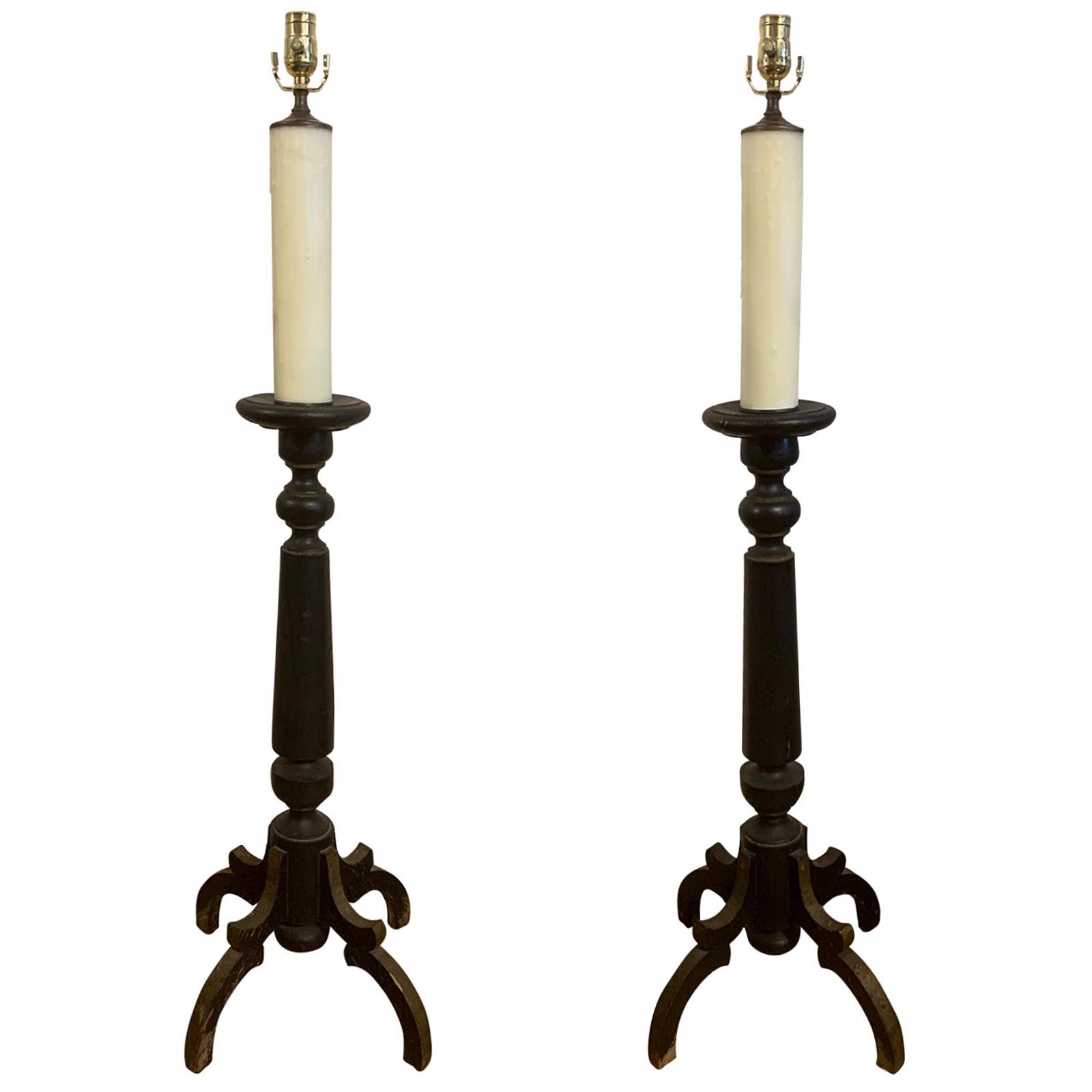 Pair of 19th-20th Century Continental Black Painted Wood Prickets as Floor Lamps