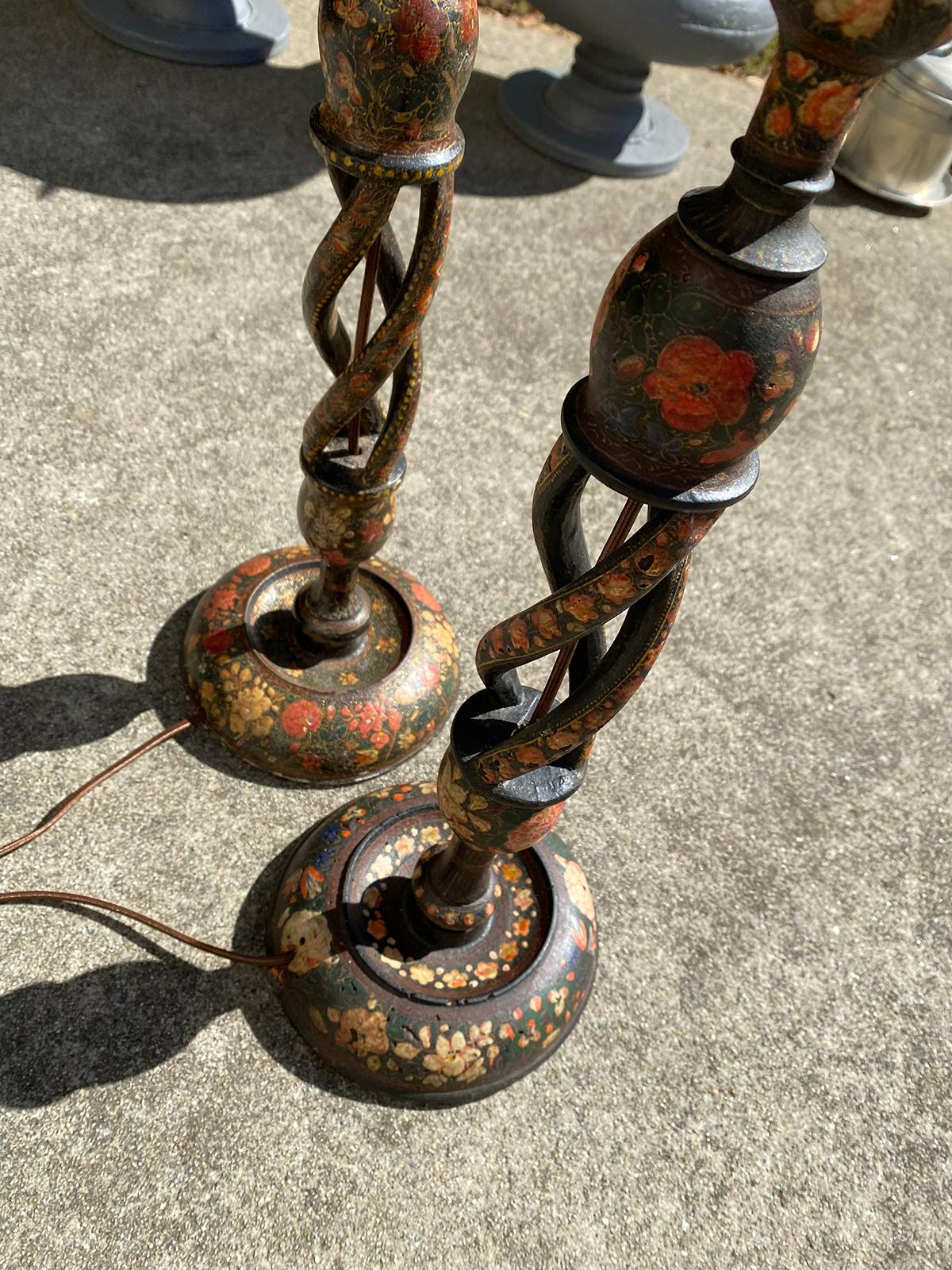 Pair of 19th-20th Century Continental Kashmiri Candlesticks as Lamps For Sale 3