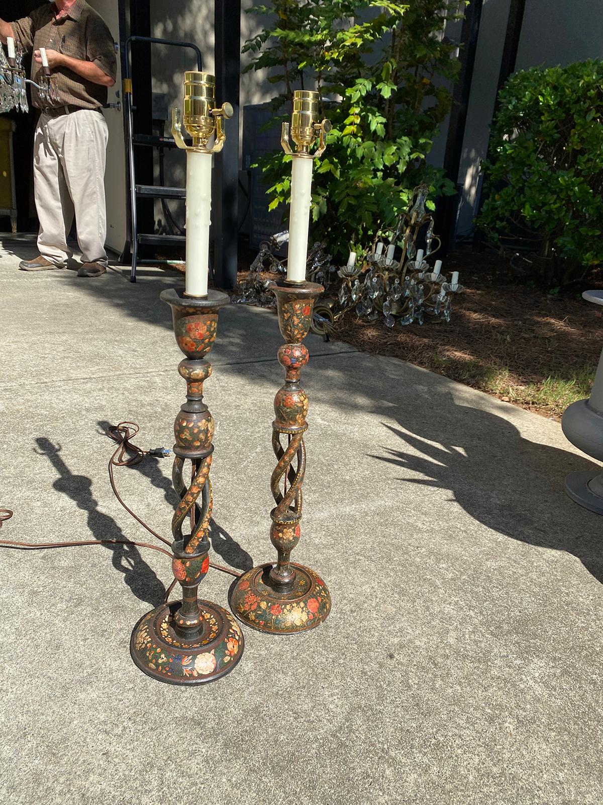European Pair of 19th-20th Century Continental Kashmiri Candlesticks as Lamps For Sale