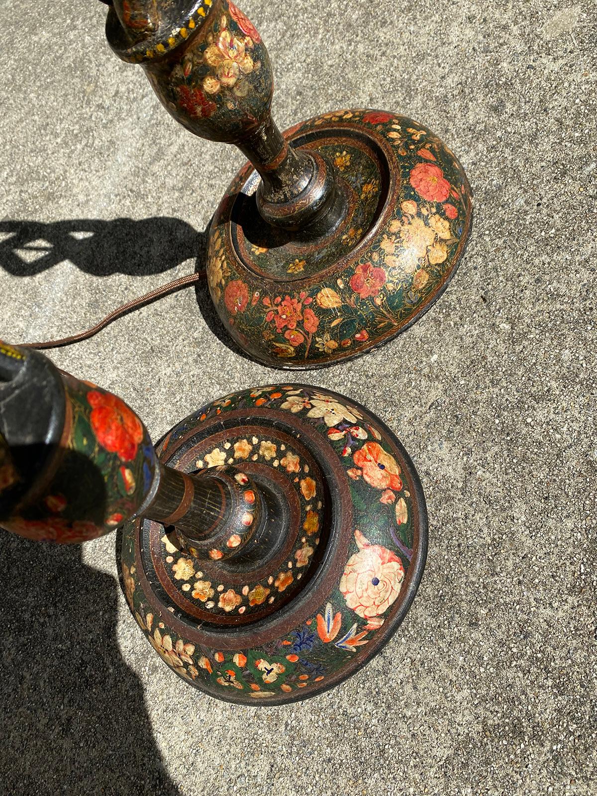 Hand-Painted Pair of 19th-20th Century Continental Kashmiri Candlesticks as Lamps For Sale