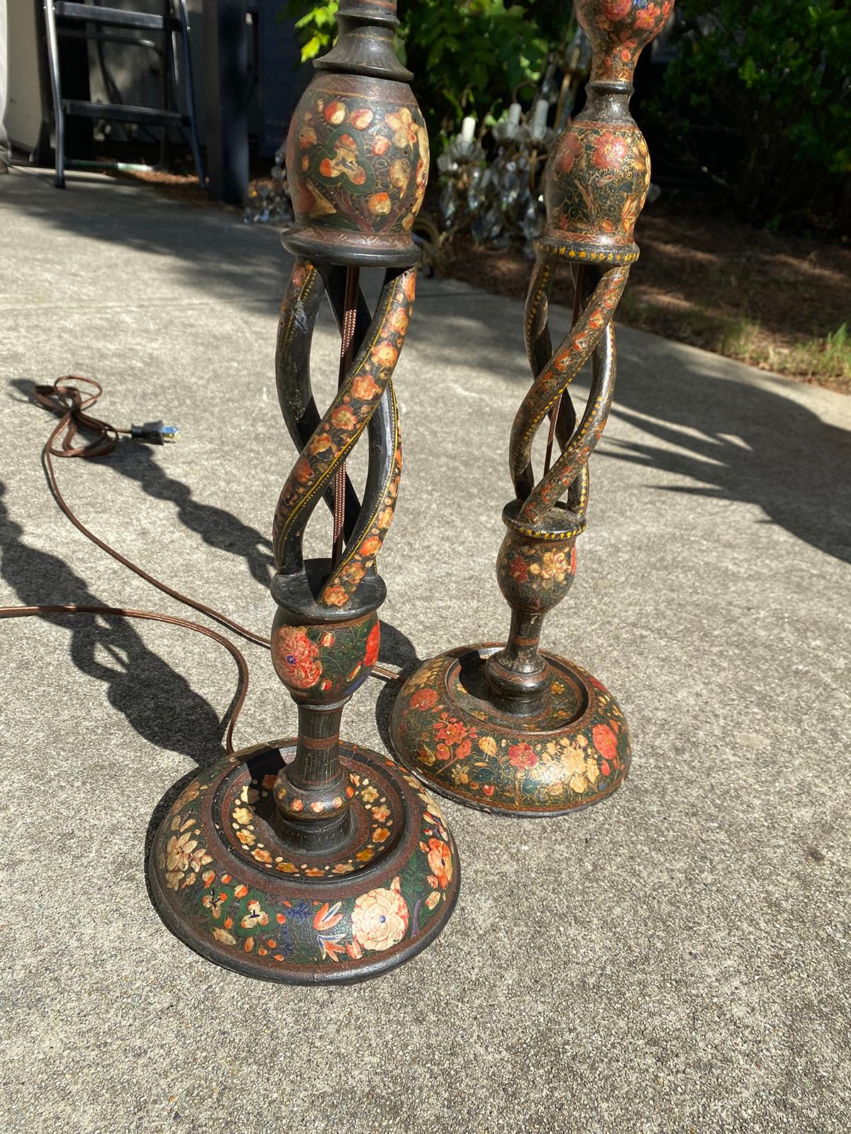 Pair of 19th-20th Century Continental Kashmiri Candlesticks as Lamps In Good Condition For Sale In Atlanta, GA